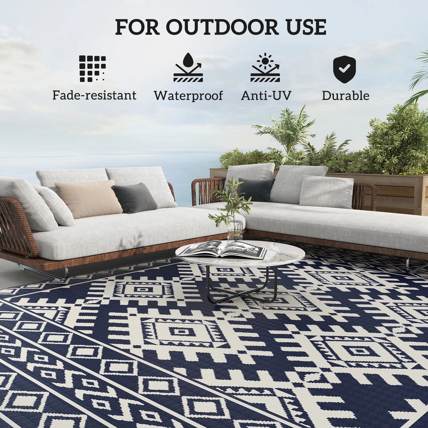 Outdoor Rug, 9' x 12' Floor Mat, Blue White Rhombus Border