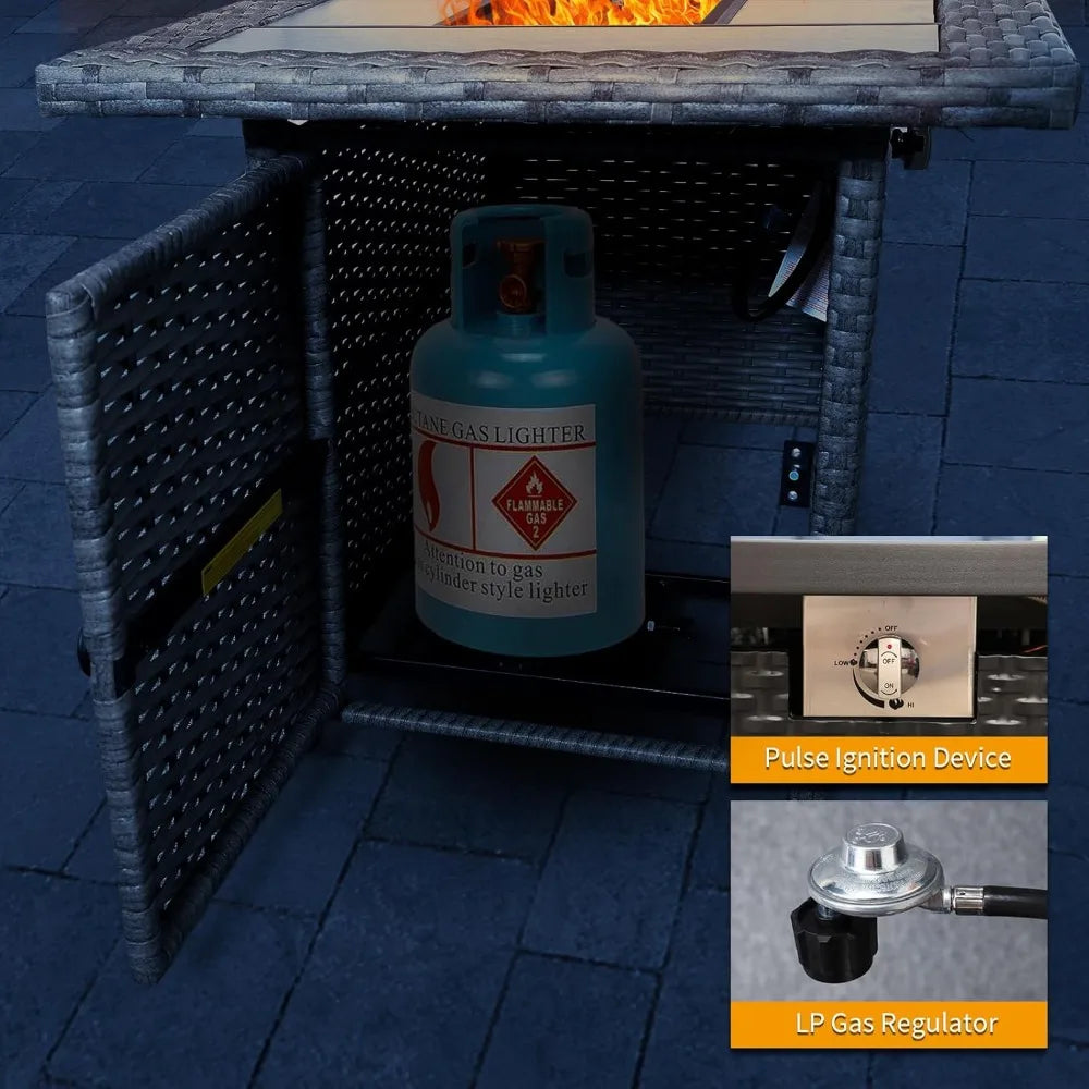 60000 BTU Wicker Gas Fire Pit Outdoor Fire Pit Table 45 Inch for Outside with Woodgrain Marble Tabletop Fire Pit Cover