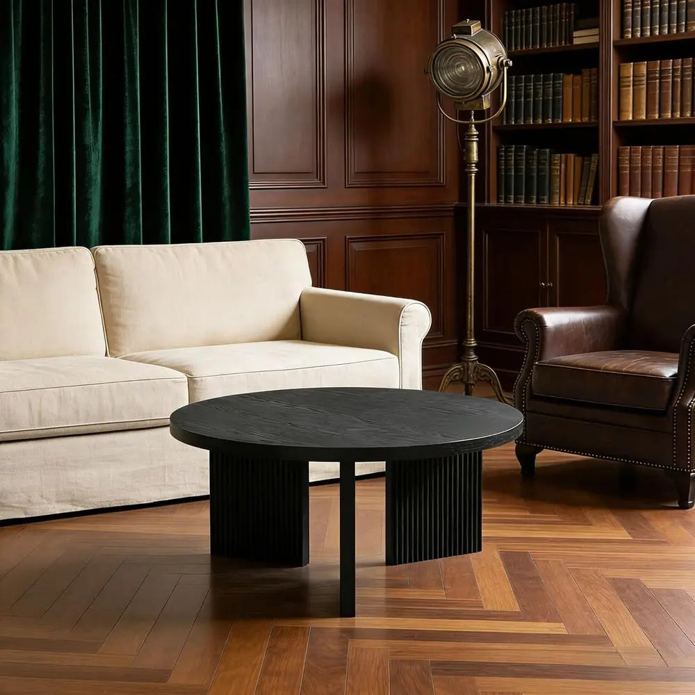 Round Wooden Coffee Table, 35 Thick Top, X-Leg Design, Low Circle Accent Table for Living Room, Office, Black