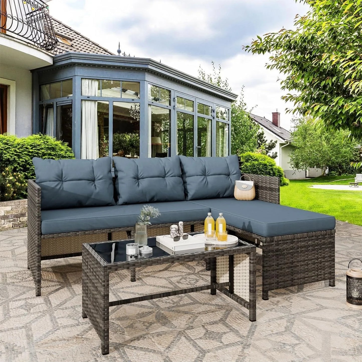 3 Piece All Weather Wicker Patio Conversation Set with Cushions and Glass Table Blue