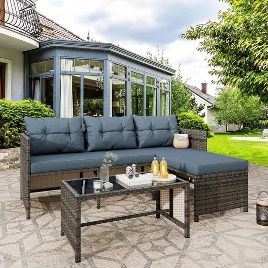 3 Piece All Weather Wicker Patio Conversation Set with Cushions and Glass Table Blue