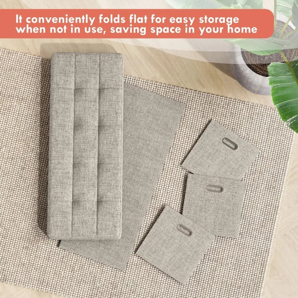 40 Inch Foldable Storage Ottoman Bench with 3 Drawers, Tufted Linen Fabric, Large Foot Rest Stool for Living Room Bedroom