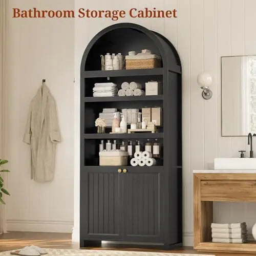 81" Tall Arched Cabinets,Bookcase with storage,Mid-Century Modern 6-Tier Bookshelf with Door,2 Book Risers and