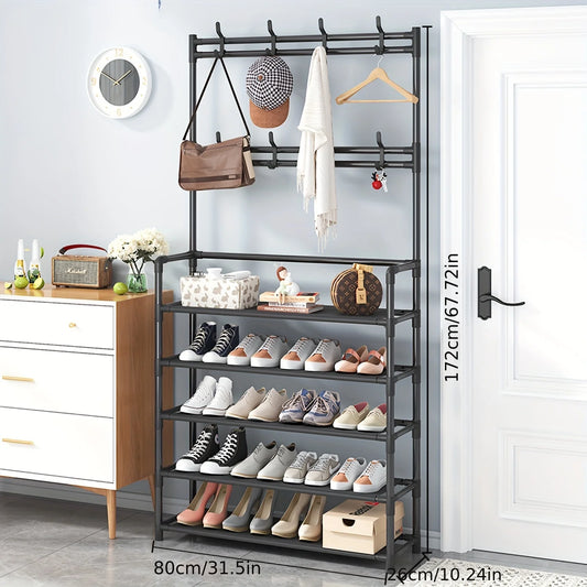 4/5-Tier Metal Coat and Shoe Rack with 8 Hooks ,for Living Room, Bedroom, Office, Shoe Storage Organizer, Shoe Storage Organizer