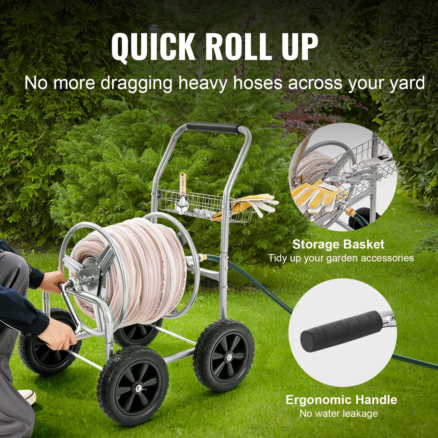 Hose Reel Cart 250ft Heavy Duty Garden Water Yard Planting w/ Basket Effortless Roll-up  Versatile Application Steel