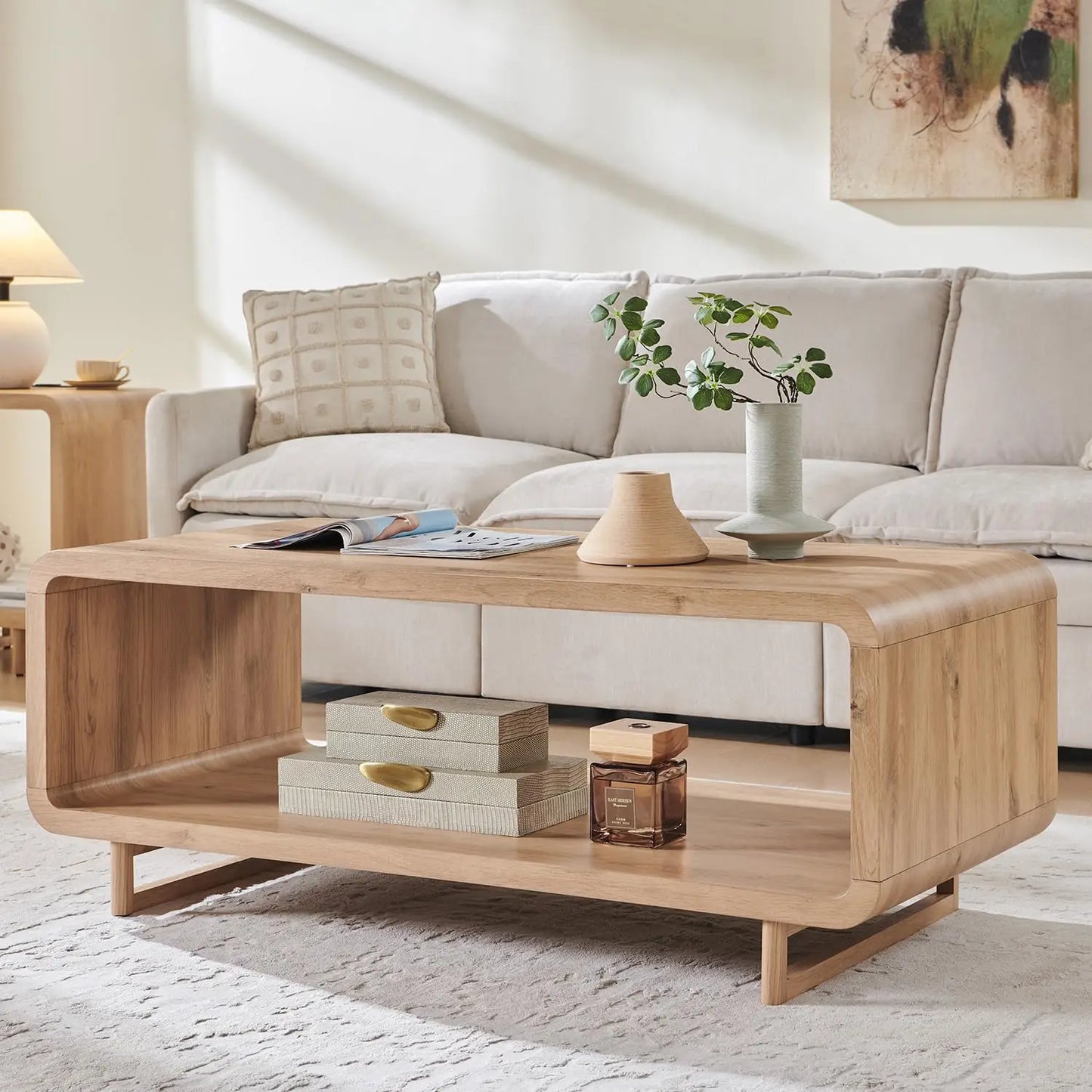 48" Modern Coffee Table, 2-Tier Minimalist Center Table with Storage Shelf, Curved Profile Design, Wooden, Customized