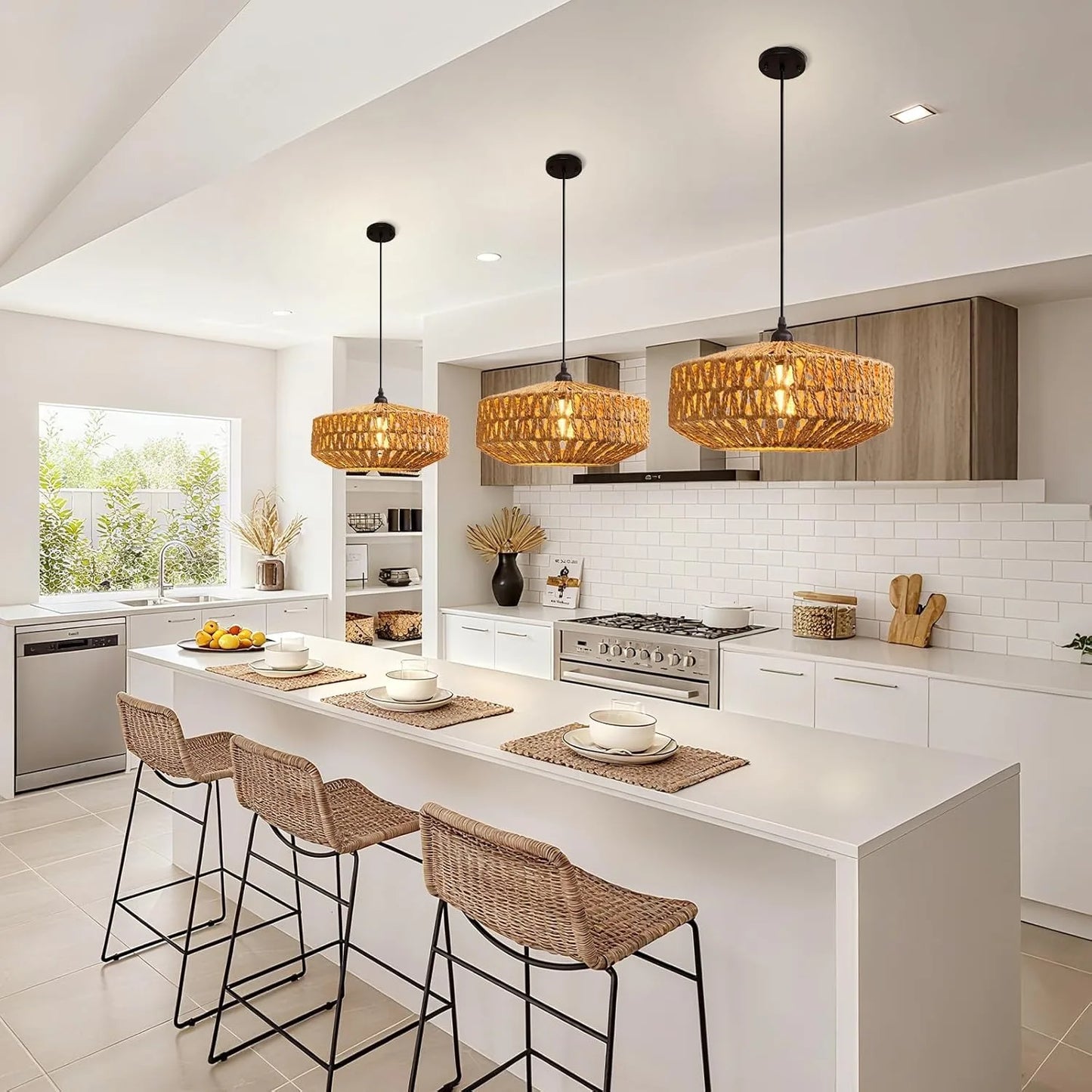 Natural Rattan Chandelier Small Paper Rope Pendant Light E26/E27 Ceiling Lamp Dining Living Room Bedroom Kitchen Island