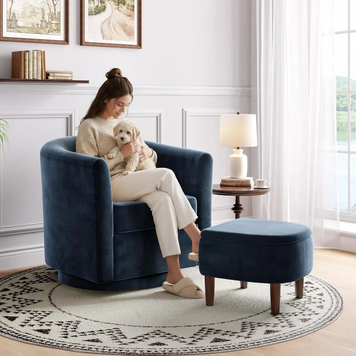 Swivel Accent Chair with Storage Ottoman, Small Modern Velvet Barrel Chair, Upholstered Armchair with Footrest for, Customized