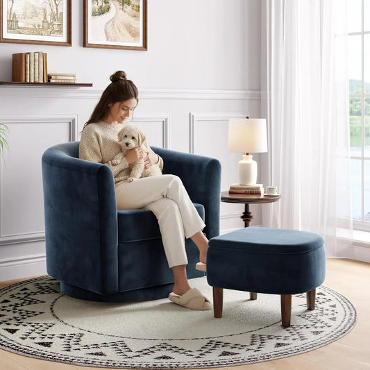 Swivel Accent Chair with Storage Ottoman, Small Modern Velvet Barrel Chair, Upholstered Armchair with Footrest for, Customized