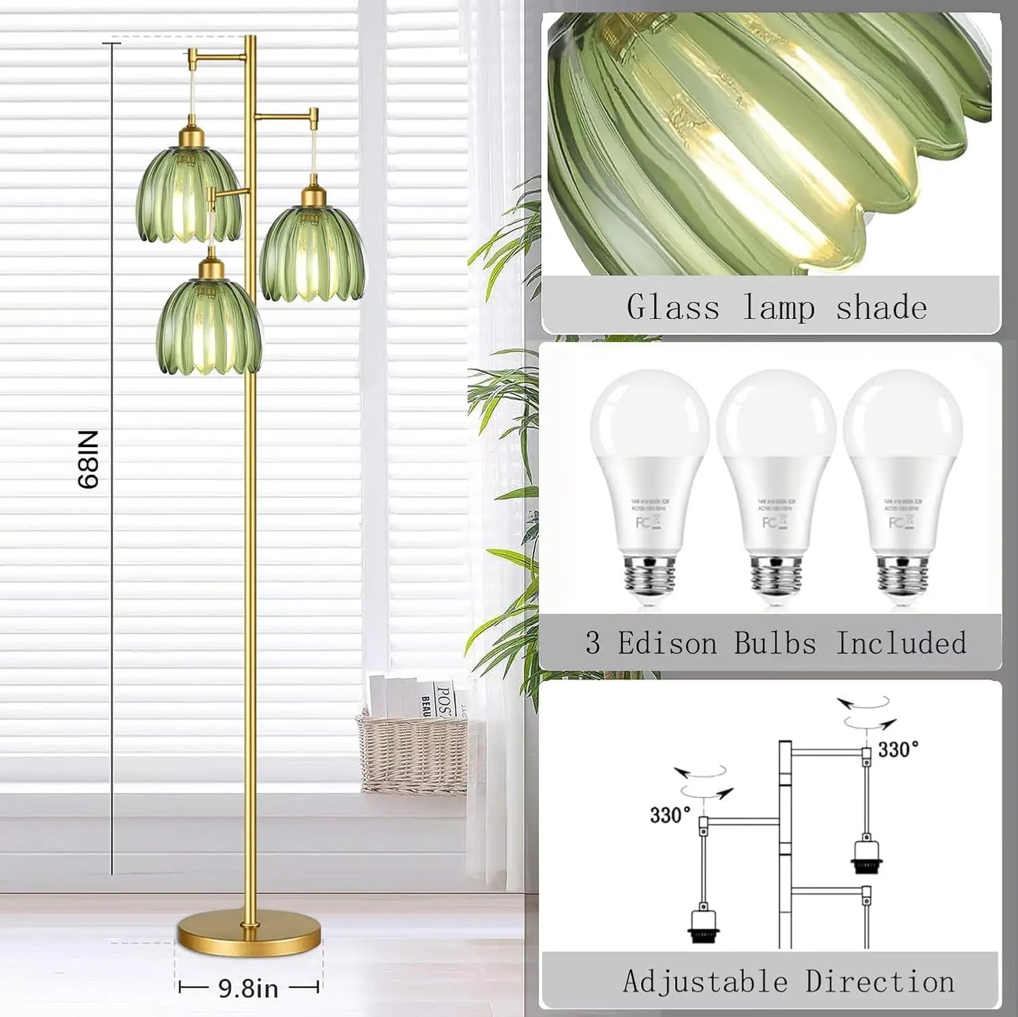 Mid Century Modern Gold Floor Lamp, 3-Light Brass Tree Tall Lamp with Green Glass Shades for Living Room, Bedroom, Farmhouse Boho Decor