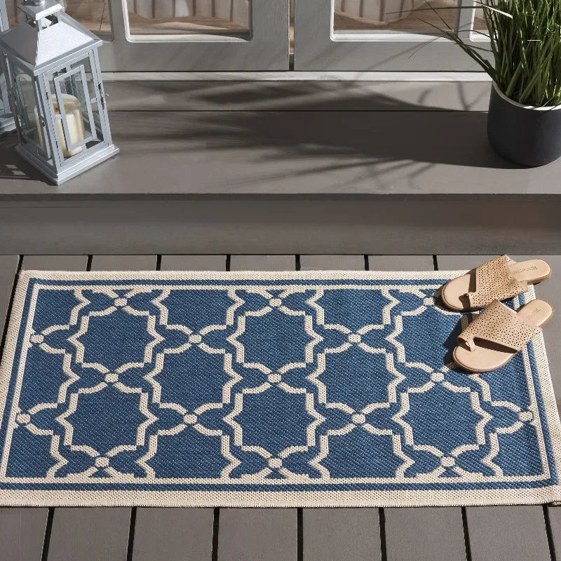 Geometric Bordered Indoor/Outdoor Area Rug, 2' x 3'7", Blue/Beige