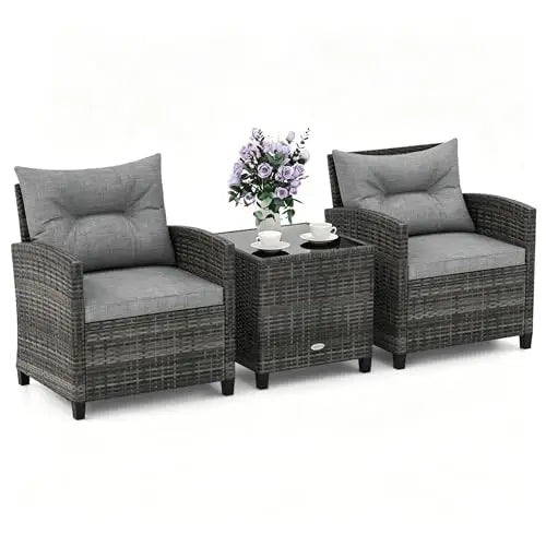 Patio Furniture, 3 Pieces Outdoor Wicker Conversation Set Chairs with Soft Cushions and Glass Coffee Table, Rattan