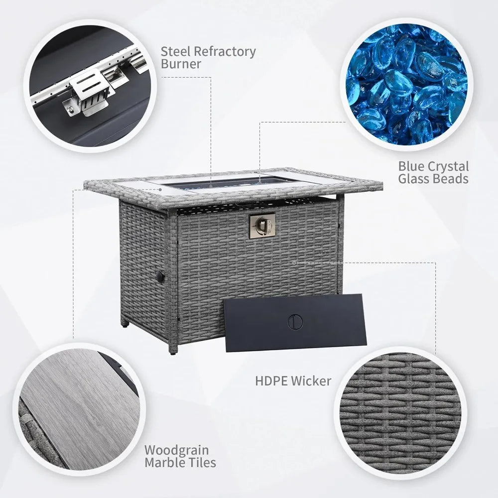 60000 BTU Wicker Gas Fire Pit Outdoor Fire Pit Table 45 Inch for Outside with Woodgrain Marble Tabletop Fire Pit Cover