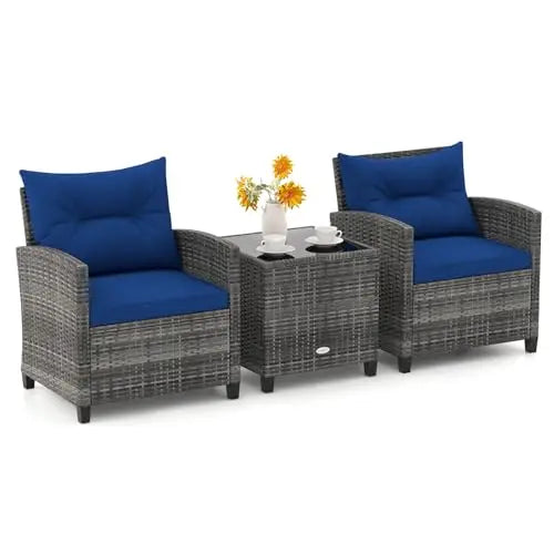 Patio Furniture, 3 Pieces Outdoor Wicker Conversation Set Chairs with Soft Cushions and Glass Coffee Table, Rattan