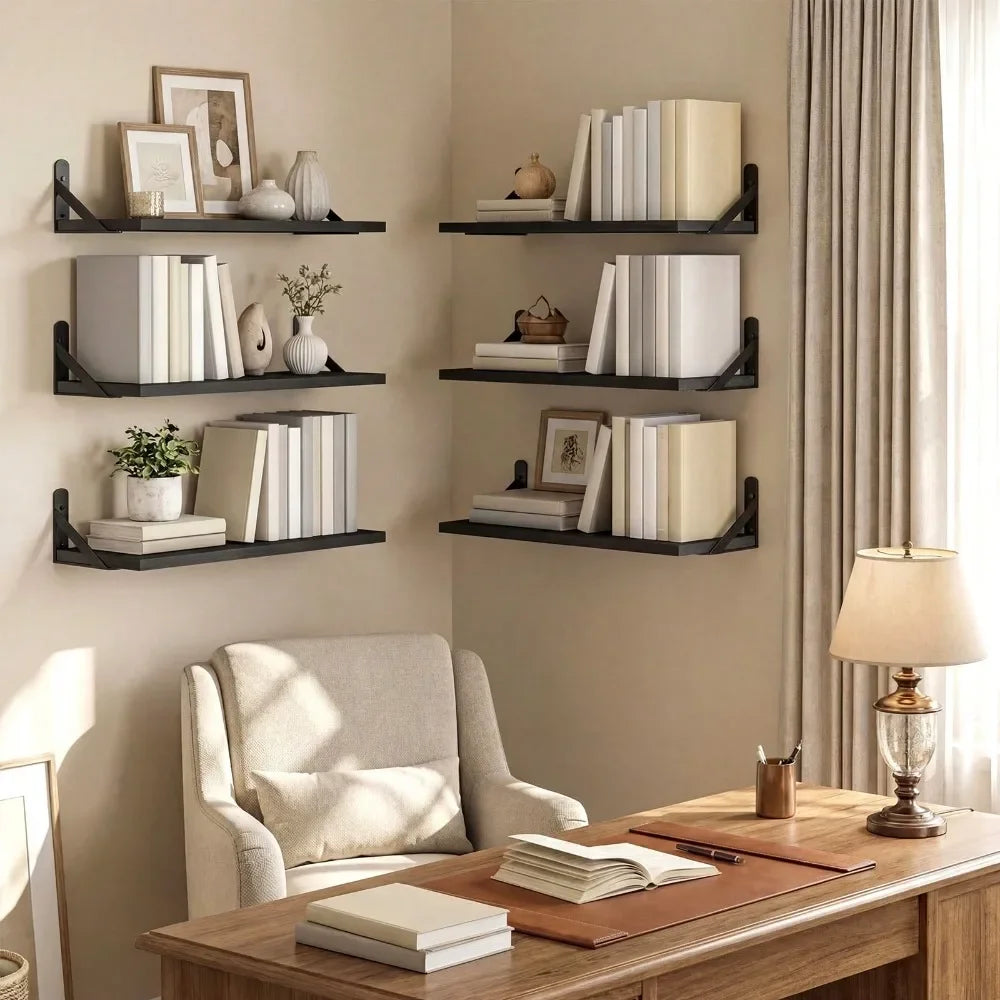 6pcs 16.5 Inch Wall Shelves Rustic Floating Shelf For Bedroom Bathroom Living Room Kitchen Storage Decor