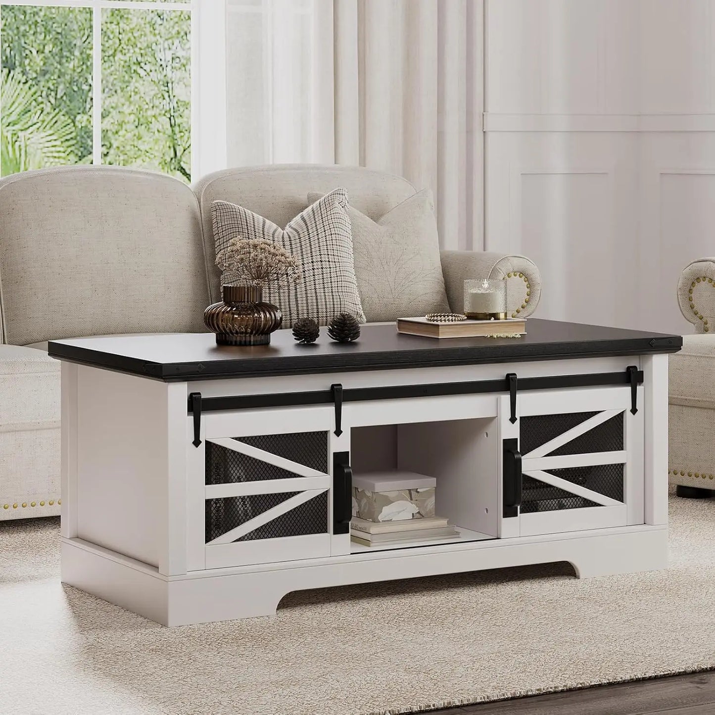 Lift Top Coffee Table with Sliding Barn Doors Large Storage Compartment Rectangle Entryway Desktop for Living Room Home Office