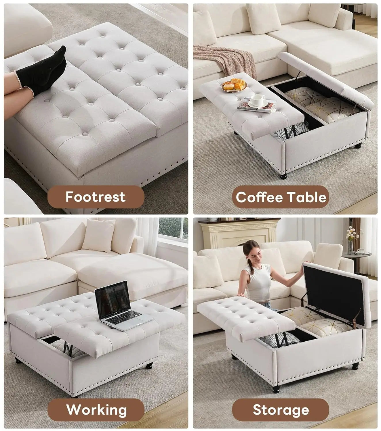 Large Square Storage Ottoman Bench, Tufted Upholstered Coffee Table with Lift Top & Solid Wood Legs, Oversized, Customized