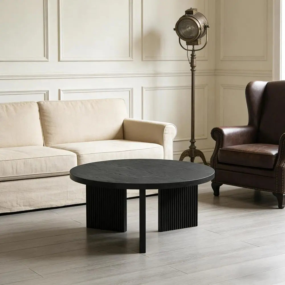Round Wooden Coffee Table, 35 Thick Top, X-Leg Design, Low Circle Accent Table for Living Room, Office, Black