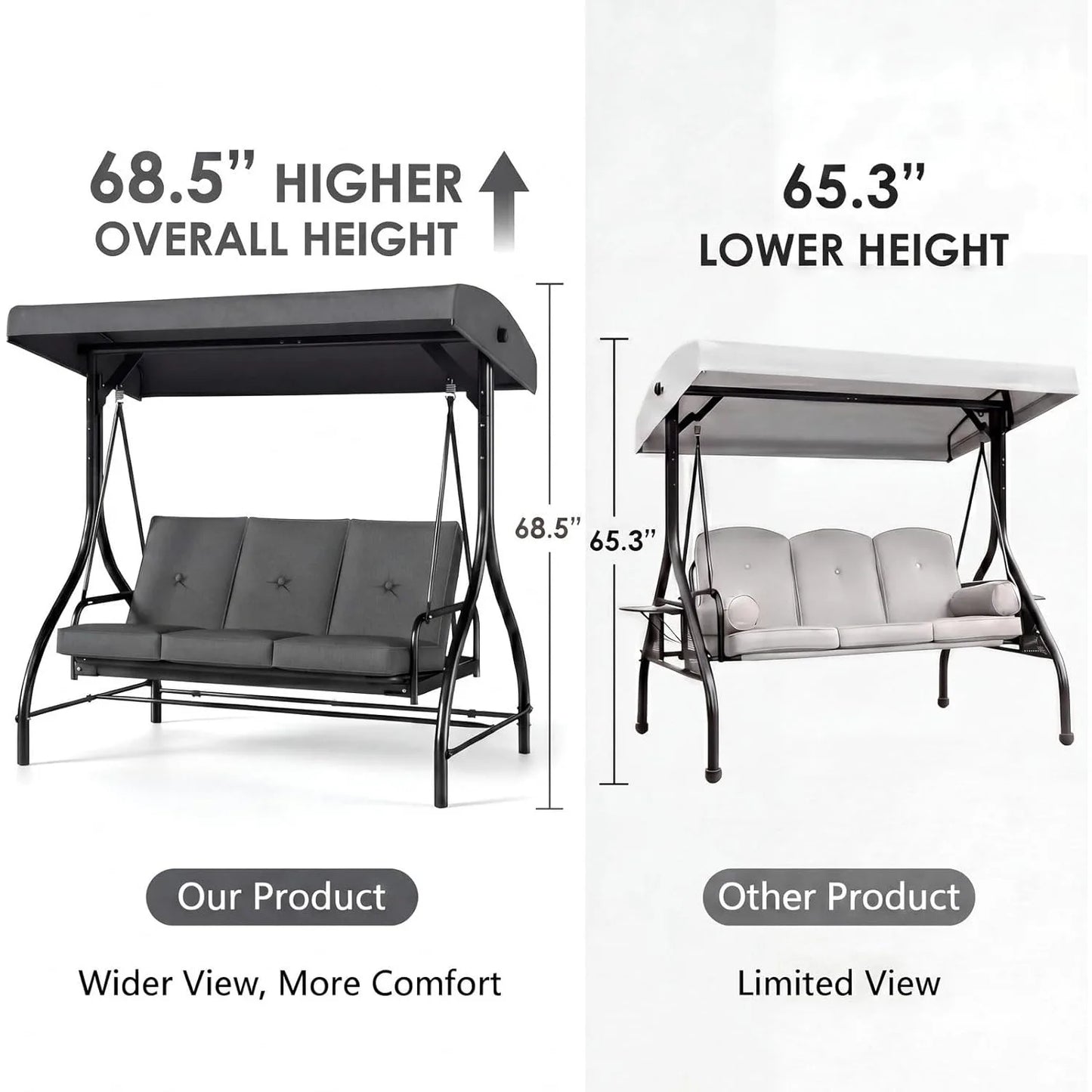 3-Seat Patio Swing with Adjustable Canopy & Backrest, Outdoor Porch Swing Chair for Adults