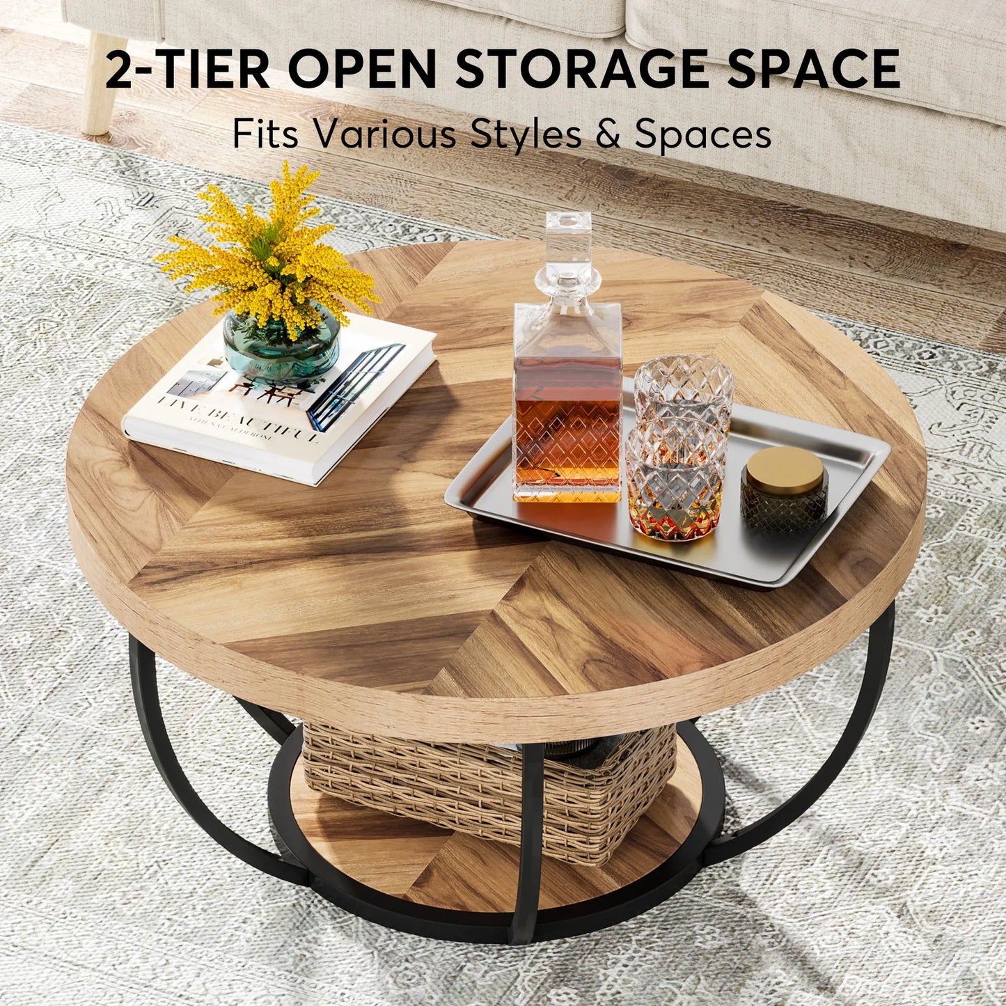 31.7" Round Coffee Table, Industrial 2-Tier Circle Coffee Table with Storage Shelves, Modern Wooden Sofa Side Table