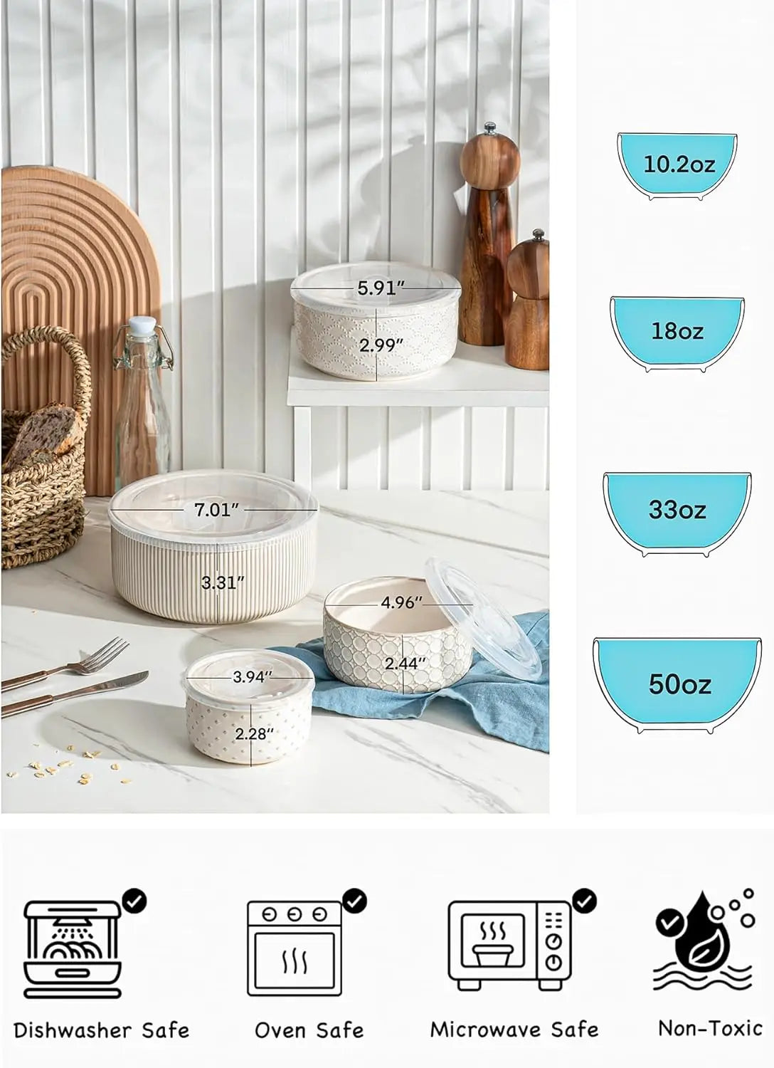 Ceramic Mixing Bowls with Lids Set of 4, Nesting Bowls for Prep & Storage, 10/18/33/50 OZ, Off-White, Microwave & Dishwasher