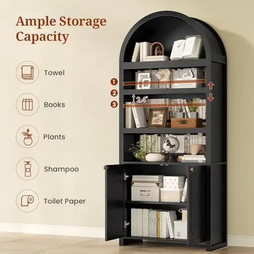 81" Tall Arched Cabinets,Bookcase with storage,Mid-Century Modern 6-Tier Bookshelf with Door,2 Book Risers and