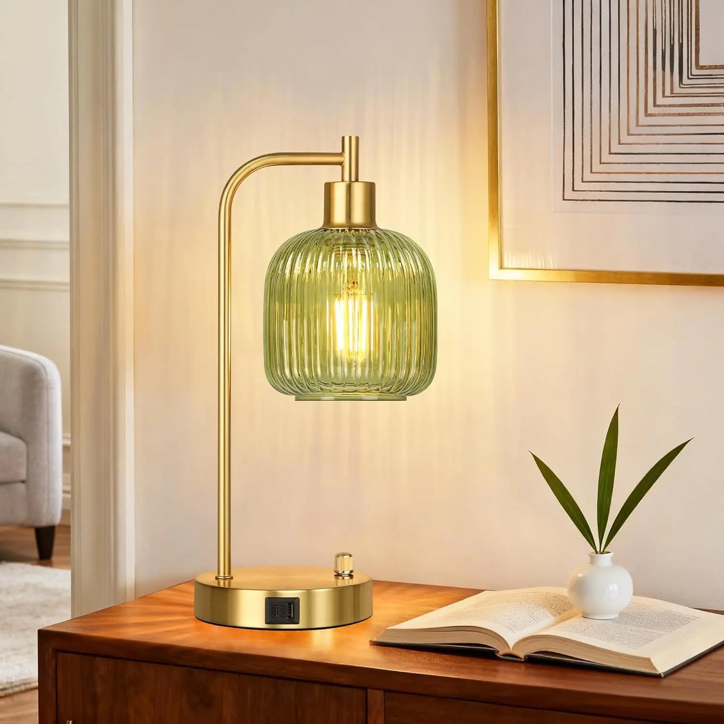 Industrial Table Lamp Set of 2, Green Glass Bedside Lamps with USB A&C Ports, Stepless Dimmable Gold Nightstand Lamps for Living