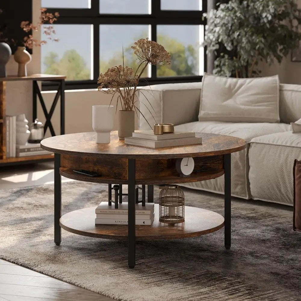 Round Lift Top Coffee Table with Storage and Hidden Compartment, 26.77'' Farmhouse Coffee Table for Living Room Reception Room,