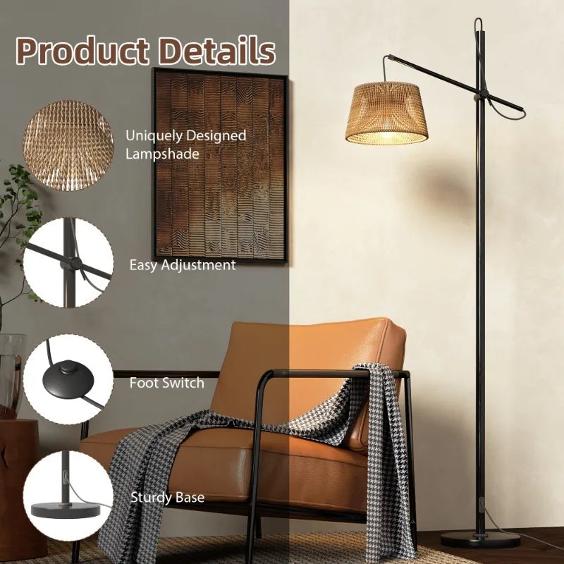 Arched Standing Lamps with Foot Switch- Woven Lampshade Floor Lamps with LED Bulb, Ideal for Living Rooms, Bedrooms, and Offices