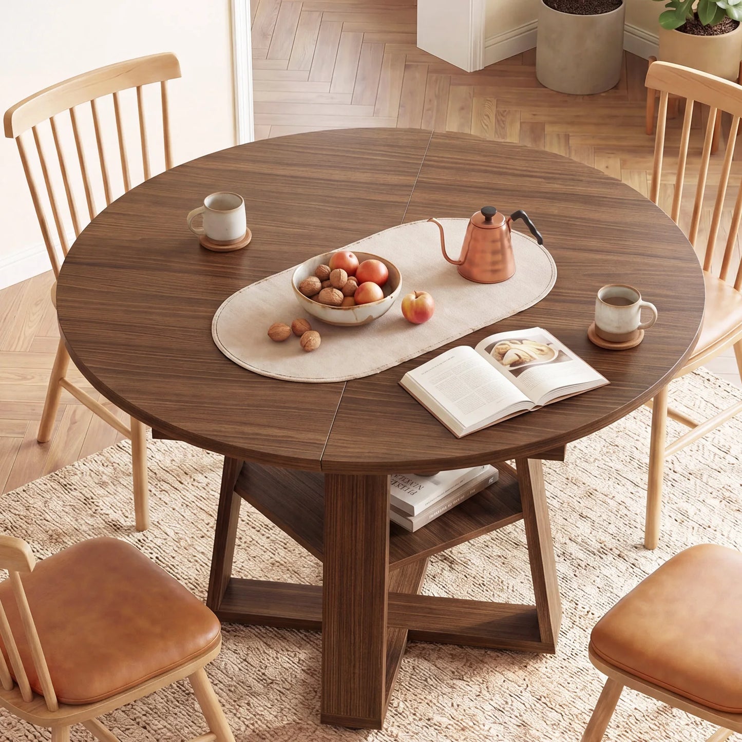 JHK Extendable Wood Round Dining Table Modern Kitchen Oval Dinner Table with Storage Shelf Pedestal Base Space Saving For Home