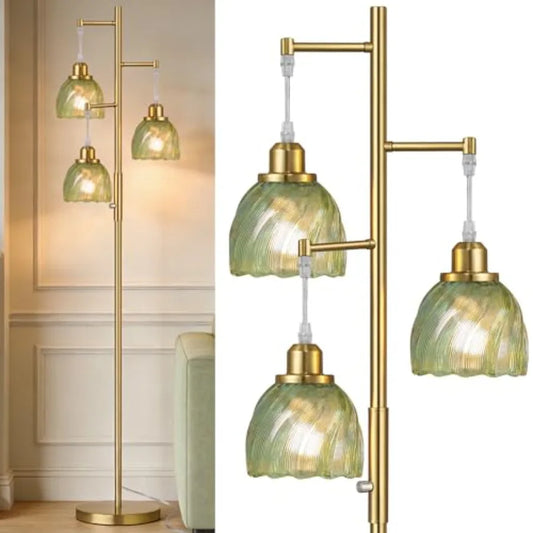 Dimmable Gold Floor Lamps for Living Room Vintage Tree Standing Lamp with Glass Shades 3 Light Mid Century Flower Floor Lamps f