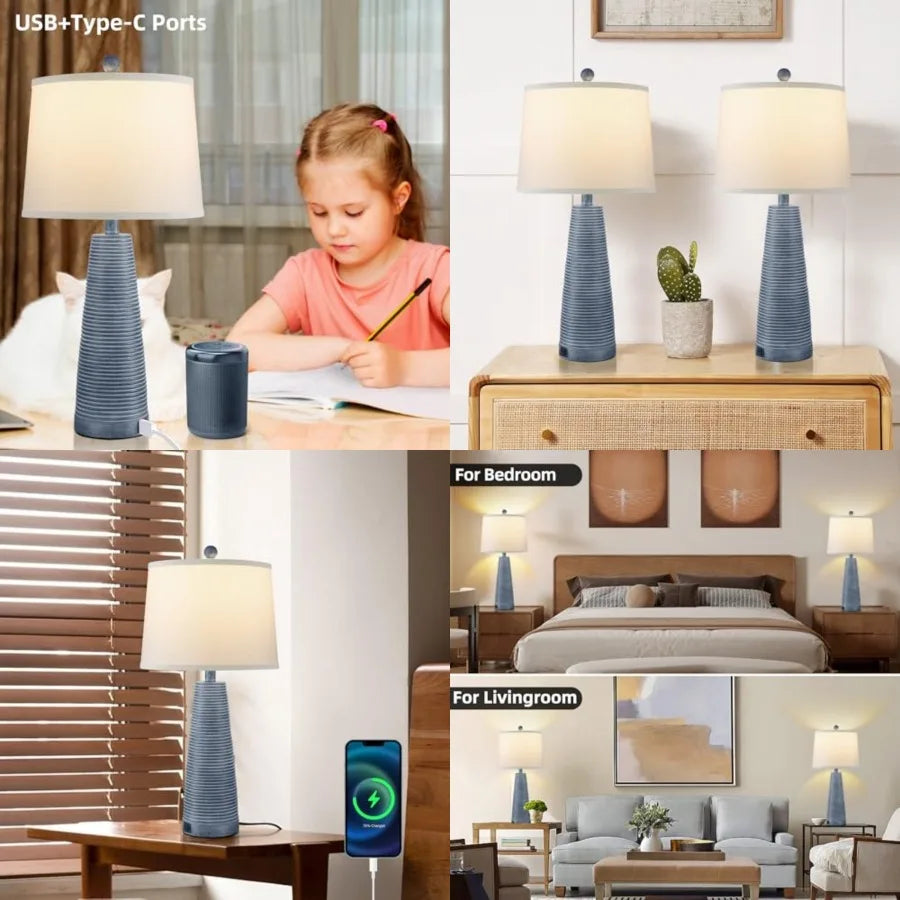Nightstand Lamp Bedside Lamps Set of 2 Vintage Rustic Farmhouse Table Lamp 3 Way Dimmable Horizontal Stripe Light, Suitable for L