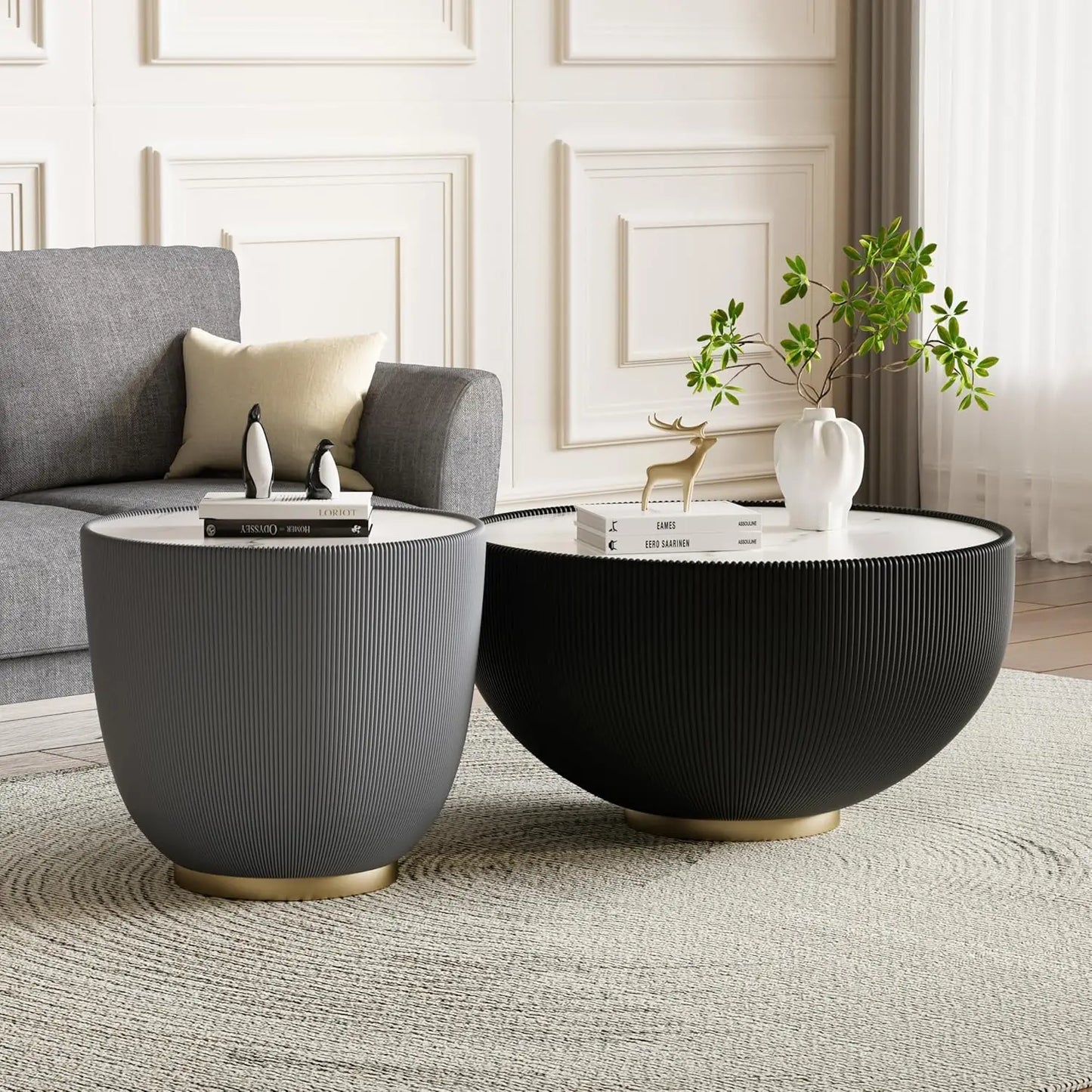 Round Grey 2-Piece Coffee Table Set 29.5in & 17.7in Sintered Stone Top Fluted PU Leather Base Living Room, Customized