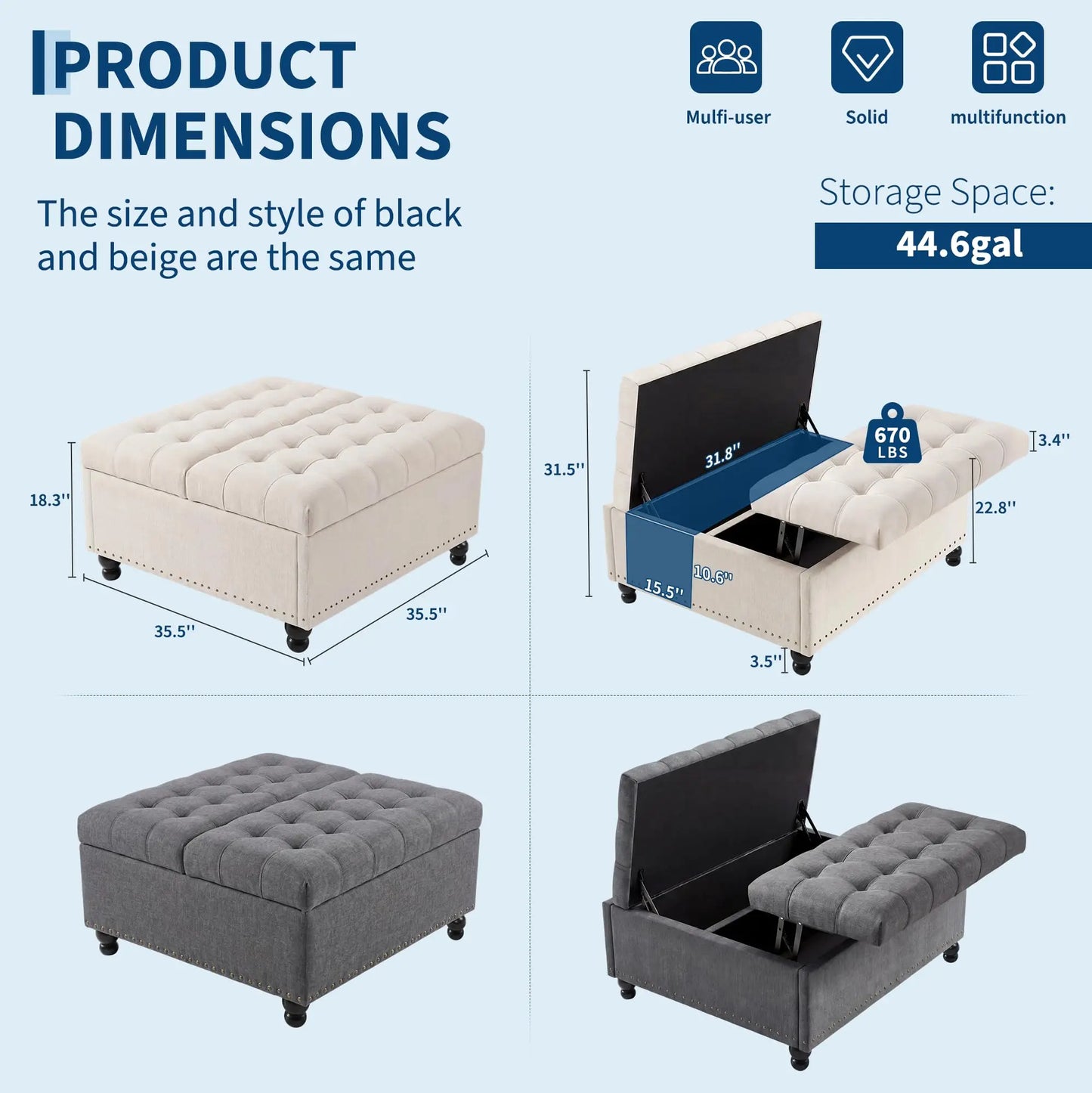 36 Inch Square Lift Top Storage Ottoman, Upholstered Ottoman Bench with 169L Large Hidden Storage Space, Tufted Padded Seat with Wood Legs, Multi-Functional Footrest Coffee Table or Extra Seating, 300LBS Capacity