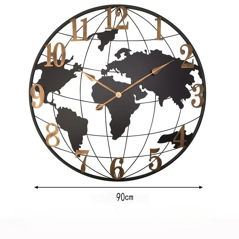 60/75/90cm Large Map Wall Clock Metal Minimalist Clock Round Silent Non-Ticking Battery Operated Wall Clocks for Living Room