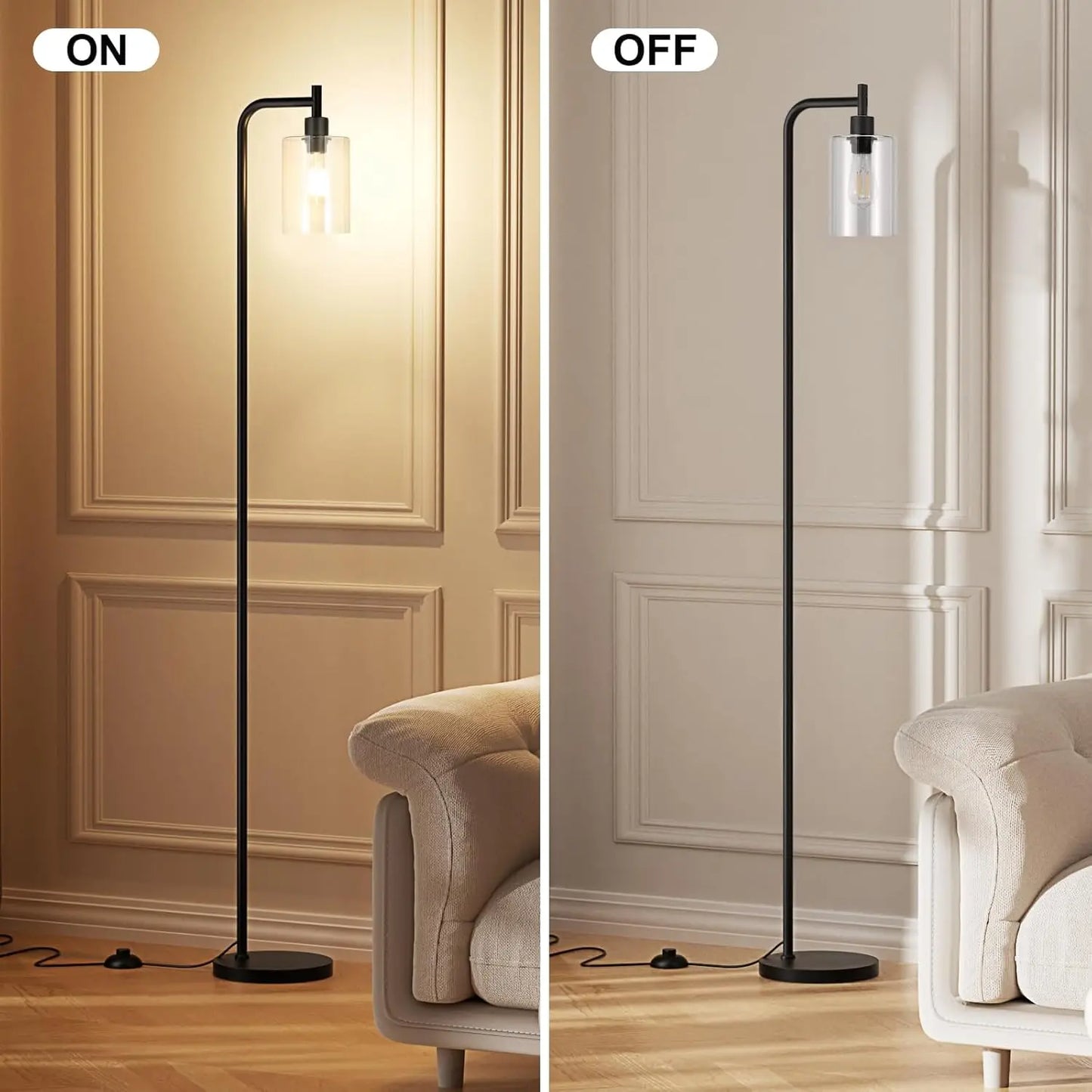 Industrial Floor Lamp with Glass Shade, LED Bulb, Foot Pedal Switch for Living Room, Easy Assembly
