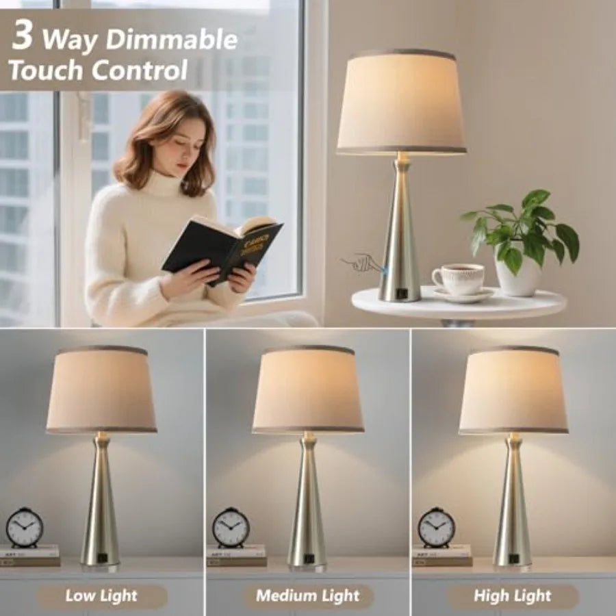 Modern Table Lamps Set of 2 - Touch Bedside Lamp for Nightstand with Dual USB C+A3-Way Dimmable Silver Nightstand Lamps for Liv