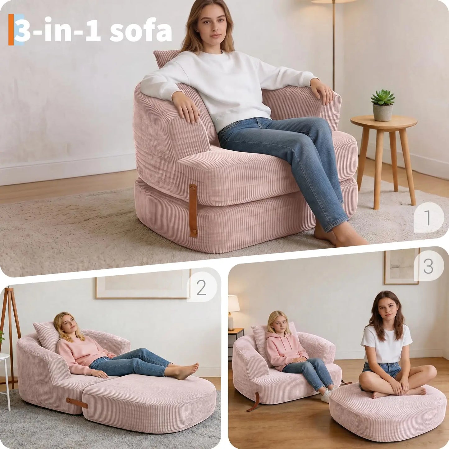 Folding Sofa Bed with Backrest & Handle, 3-in-1 Convertible Bean Bag Chair to Floor Sofa Lounger, Boneless Fold Out Couch Bed with Handle Comfy Fold Out Couch for Bedroom and Living Room
