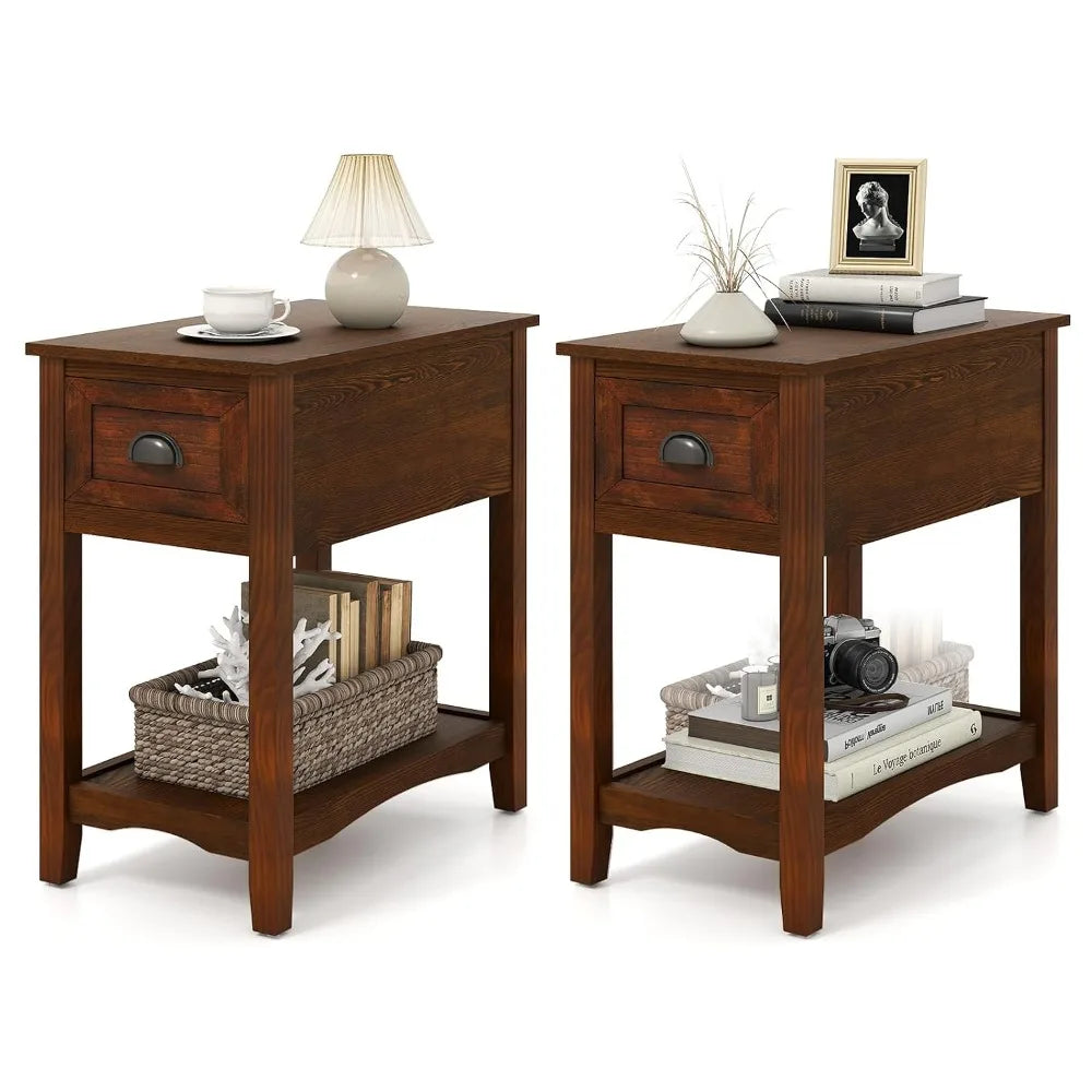 Retro Narrow End Table Set of 2, Solid Wood Nightstand with Drawer & Storage Shelf Bedroom Bedside Table, Custom