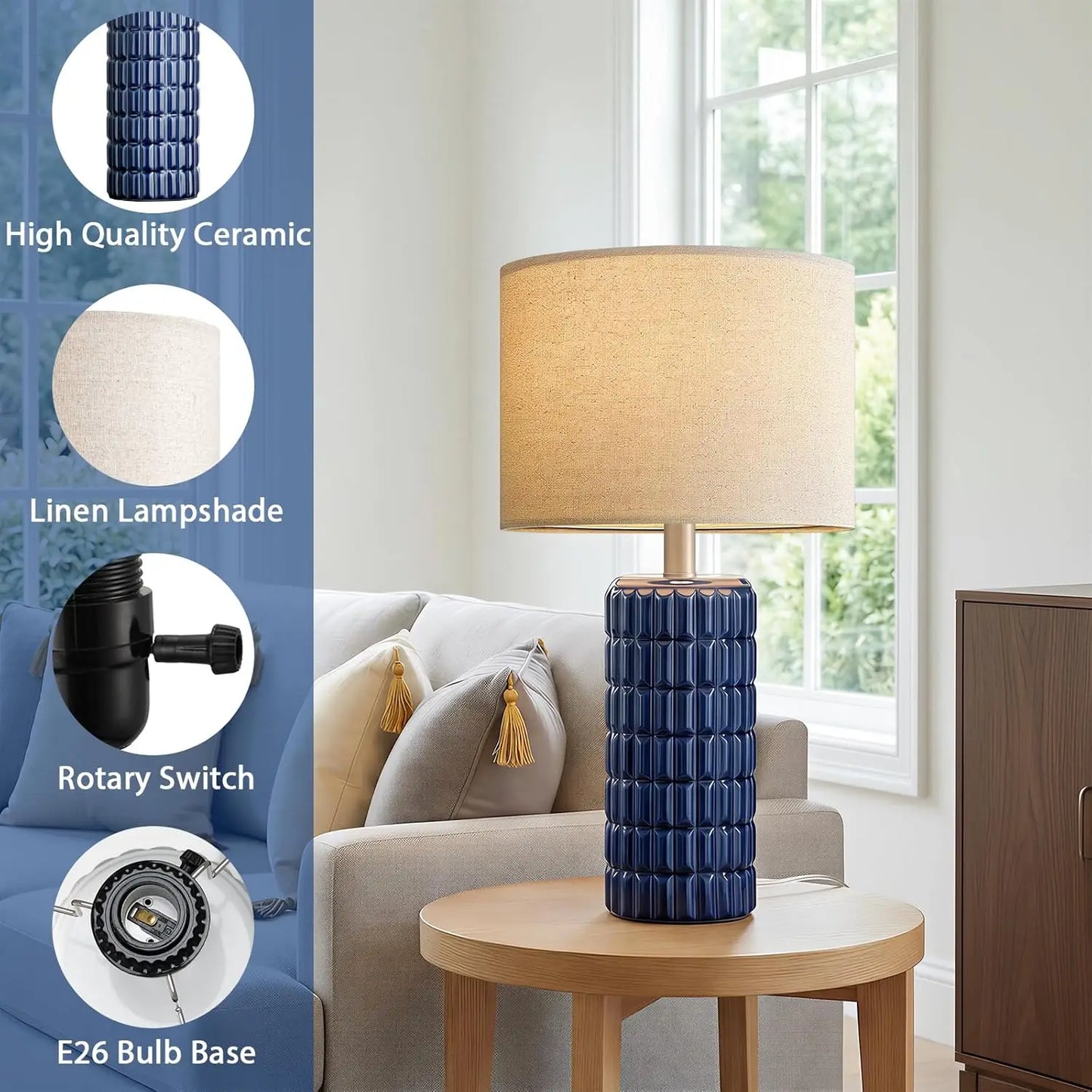 23" Modern Ceramic Table Lamps Set of 2 - Farmhouse Bedside Nightstand Lamps for Living Room with Linen Shade, White Boho Desk