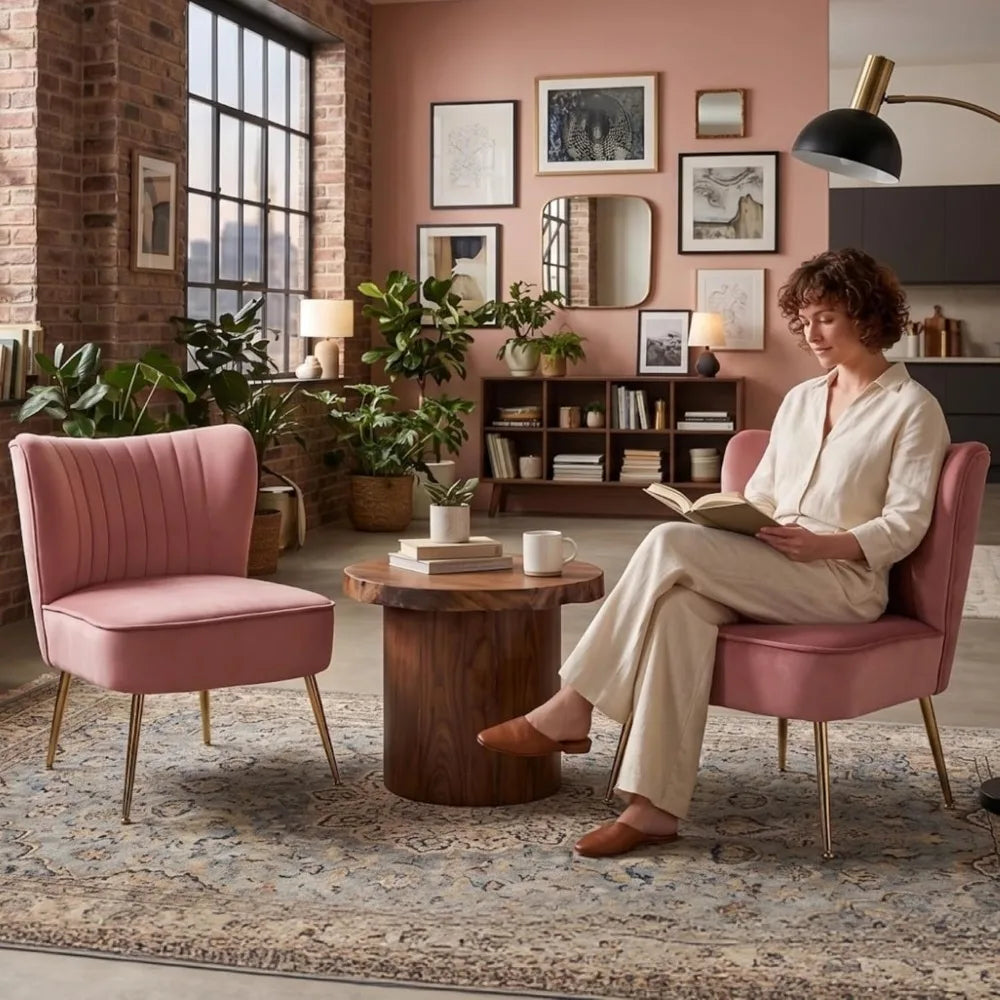 Velvet Accent Chairs Set of 2 Armless Slipper Chair with Golden Legs Mid Century Side Single Sofa for Living Room Bedroom Pink