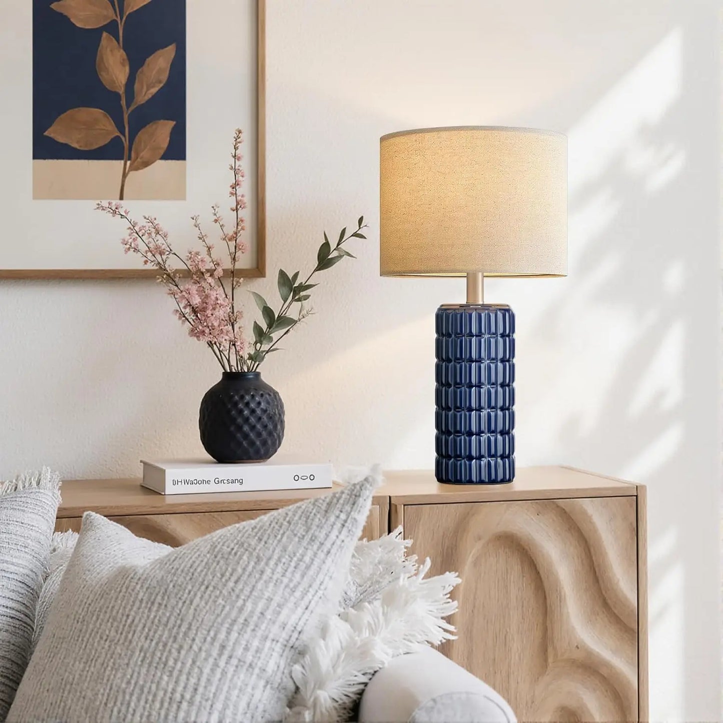 23" Modern Ceramic Table Lamps Set of 2 - Farmhouse Bedside Nightstand Lamps for Living Room with Linen Shade, White Boho Desk