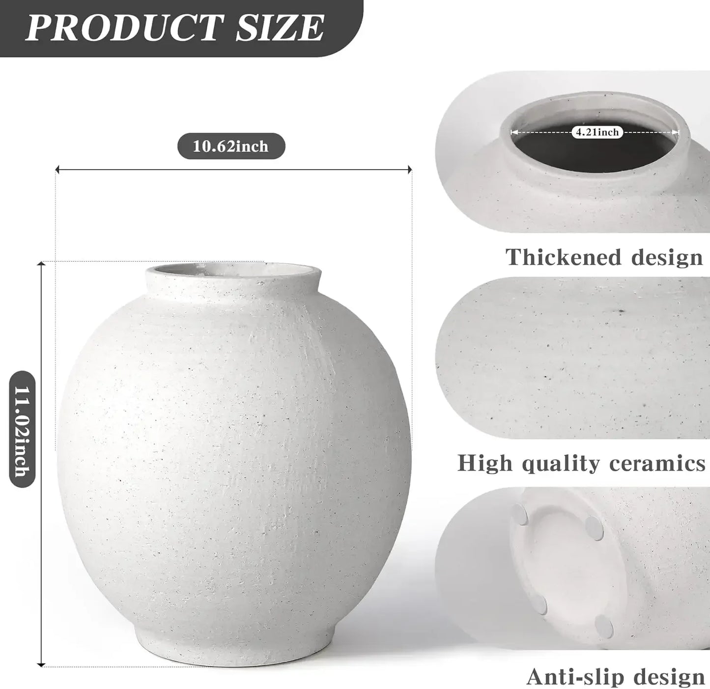 Large White Ceramic Vase 11 Inch Round Modern Tall Vase For Home Living Room Table Festive Interior Decor