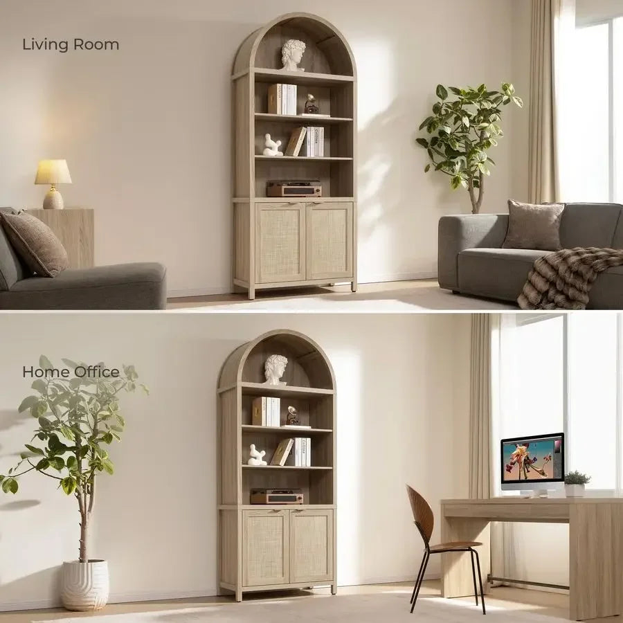 Book Shelf Arched Cabinet Bookshelf Arch 84.2 Tall Bookcase 5 Tier Large Bookshelves with Doors Storage Rattan Boho Wide Book S