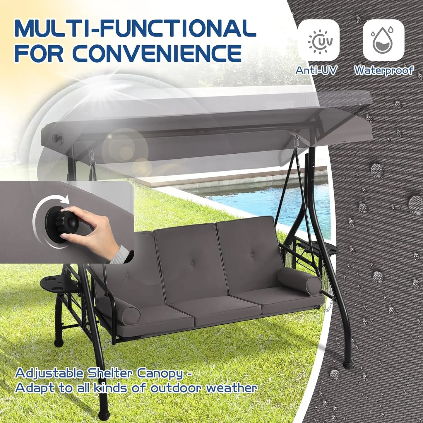 3-Seat Outdoor Porch Swing with Adjustable Canopy, Convertible Swings Bed with Stand, Patio Glider with Cushion, Customized