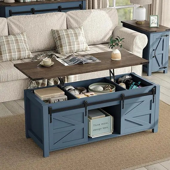 47.3-inch Farmhouse-style Coffee Table with Sliding Barn Door, Modern Wooden Height-adjustable Coffee Table,Customizable