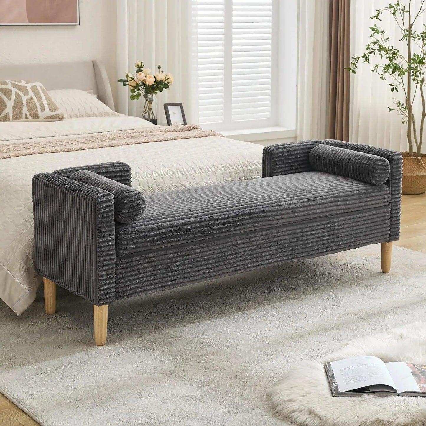 65.35" W Ottoman with Storage Bench for Bedroom End of Bed with Removable Pillows Upholstered Storage Ottoman Bench, Customized