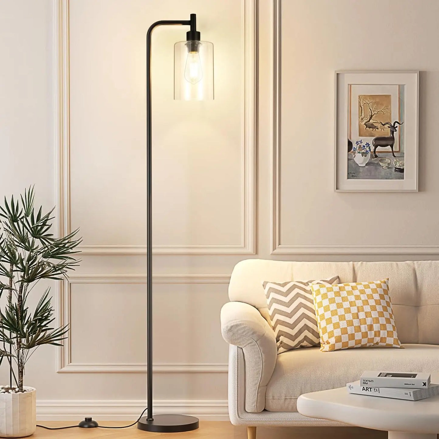 Industrial Floor Lamp with Glass Shade, LED Bulb, Foot Pedal Switch for Living Room, Easy Assembly