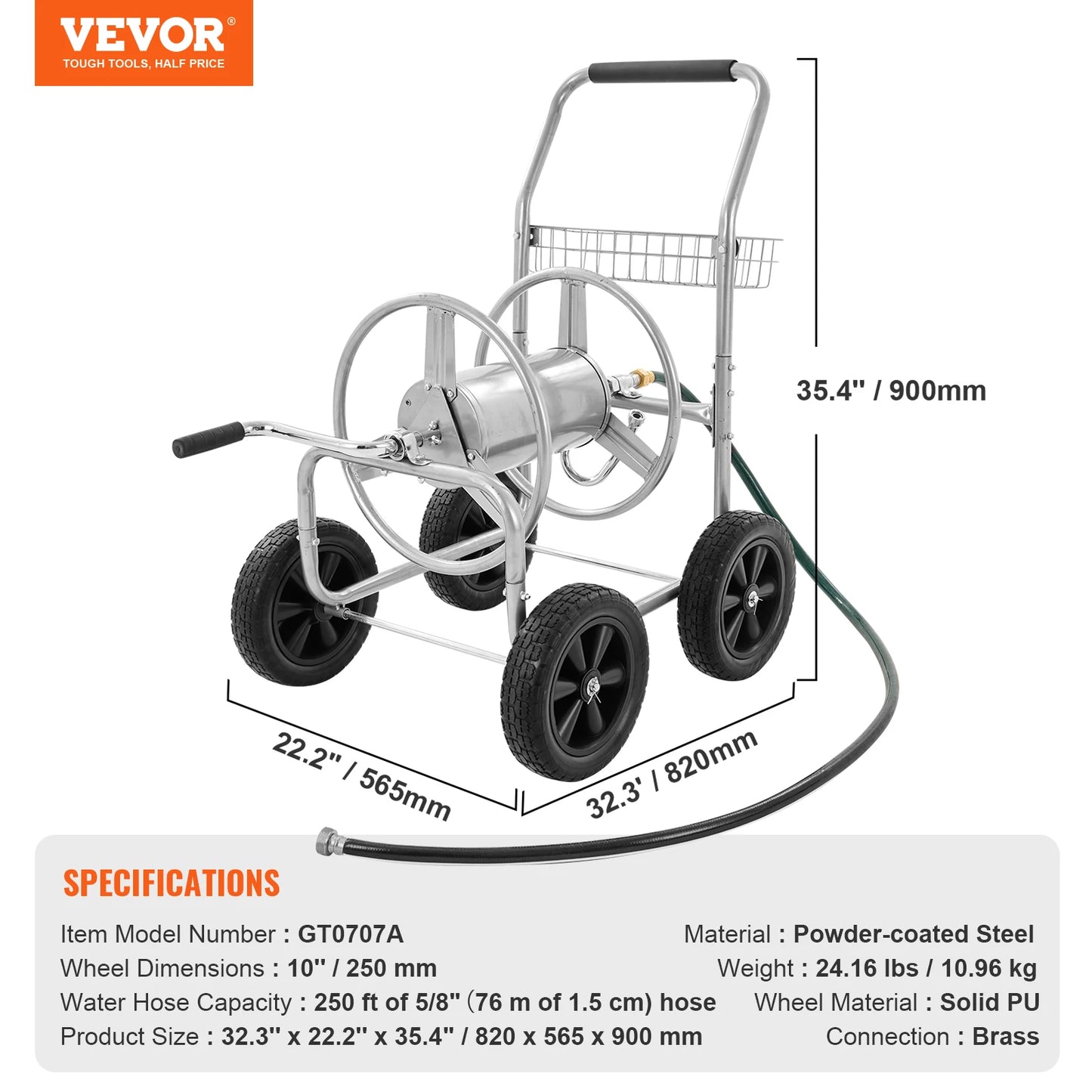 Hose Reel Cart 250ft Heavy Duty Garden Water Yard Planting w/ Basket Effortless Roll-up  Versatile Application Steel