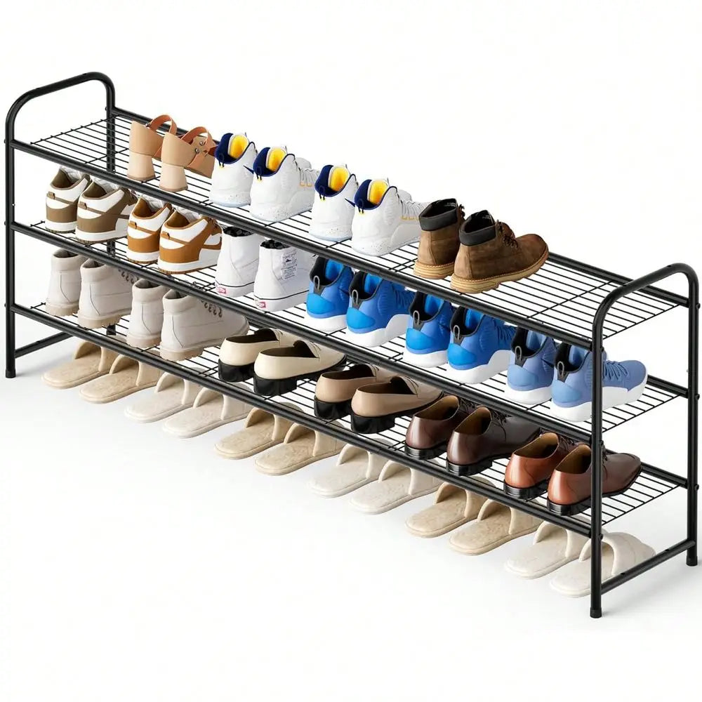 3-Tier Long Shoe Rack For Closet Entryway, Wide Metal Shoe Organizer, Stackable Storage Shelf With Sturdy Wire Grid For Bedroom